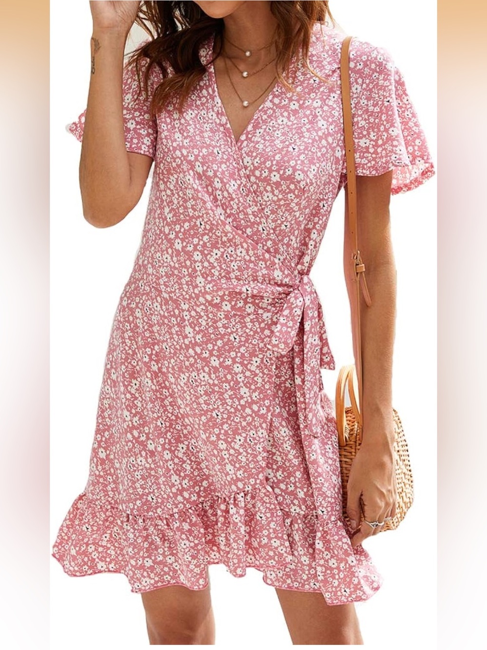 Women's Summer Short Sleeve Mini Floral Dress with Belt- Pink Floral Size XL